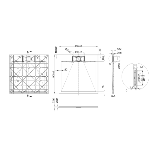 Invena ALVERO zuhanytálca SMC 90x90 cm szifonnal, fehér AK-7B-909-H