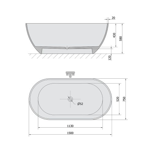 Sapho POLYSAN REDUTA 150x75 cm szabadon álló kád, fehér/matt szürke 71843.32