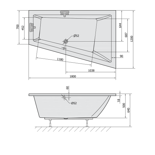 Sapho POLYSAN TRIANGL SLIM 180x120 cm jobbos aszimmetrikus kád, fehér 20611S