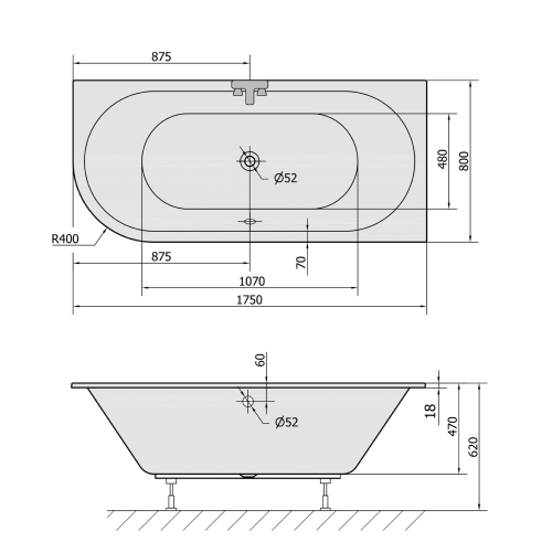 Sapho POLYSAN VIVA SLIM 175x80 cm jobbos aszimmetrikus kád, fehér 78119S