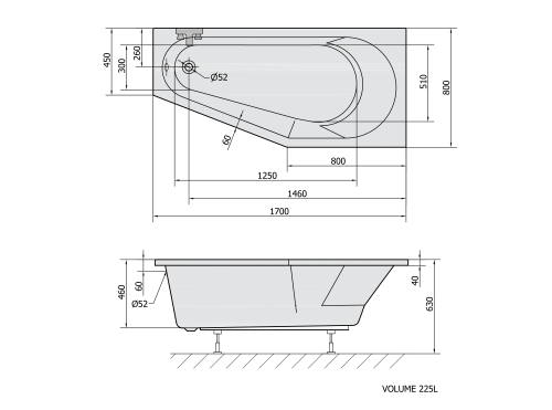 Sapho POLYSAN TIGRA 170x80 cm jobbos aszimmetrikus kád, matt fehér 90611.11