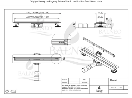 Balneo Slim & Low ProLine Gold 60 cm zuhanyfolyóka, fényes arany A0401080201-1