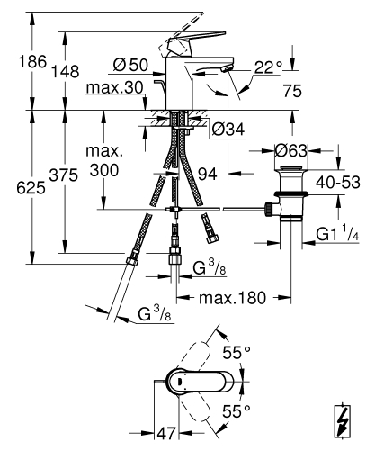 Grohe Eurosmart Cosmopolitan egykaros mosdócsaptelep S-es méret nyitott rendszerű vízmelegítőhöz, króm 32955000