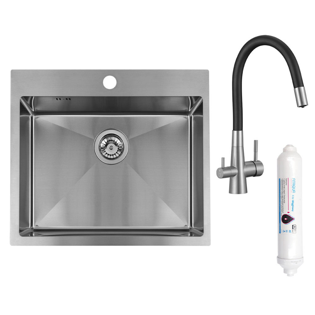 LAVEO MALAWI rozsdamentes mosogató Riveco vízszűrős csapteleppel, inox SLMA_010F
