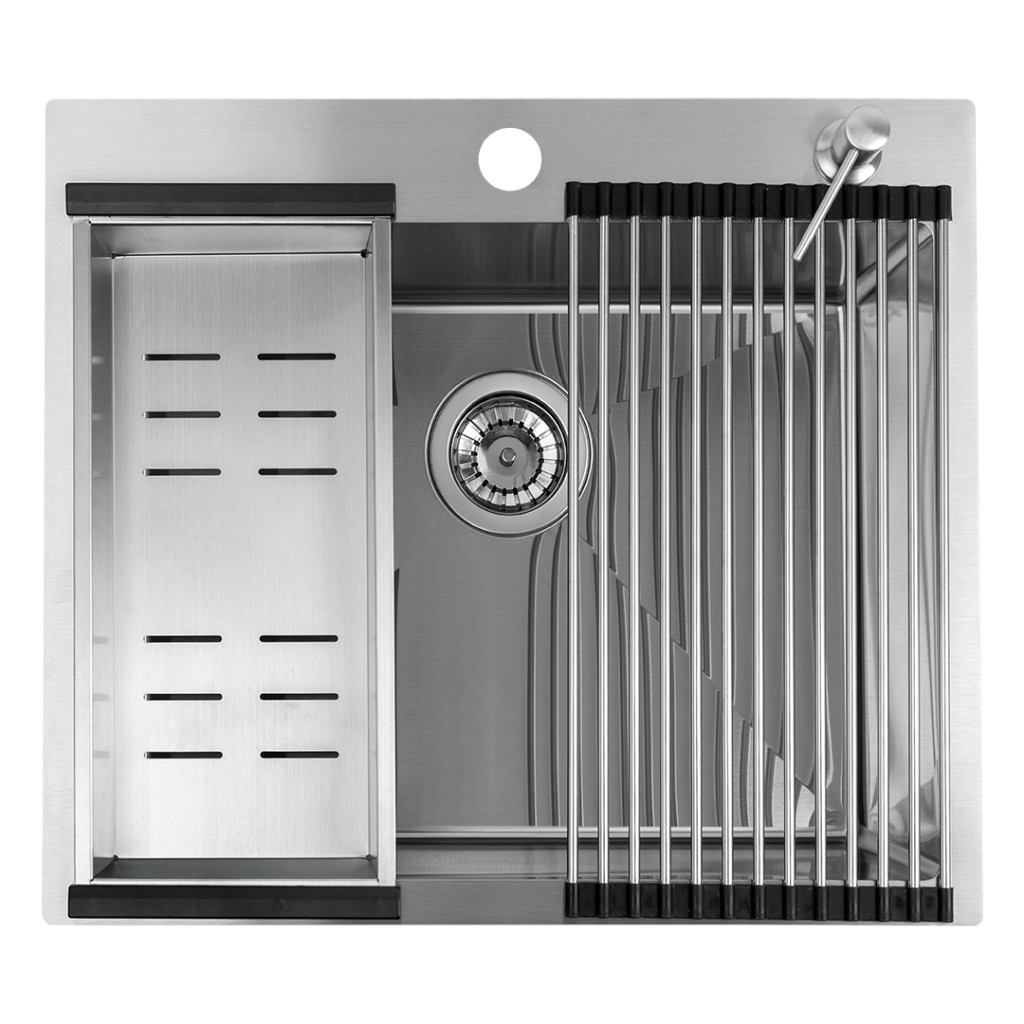 LAVEO MALAWI rozsdamentes mosogató rollmattal, maradékgyűjtővel és adagolóval, inox SLMA_010D