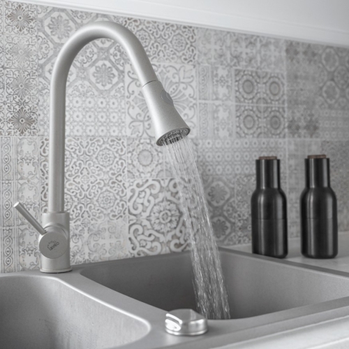 Laveo DARU kihúzható zuhanyváltós mosogató csaptelep, bézs BLD_469D