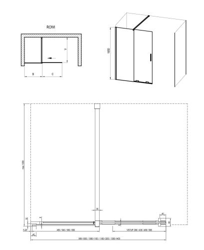 Ravak Roll 120 cm Walk-In zuhanyfal Transparent üveggel, fekete X9WVG0300Z1