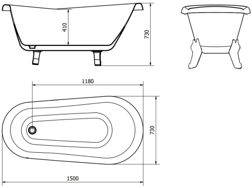 Mexen Retro szabadon álló kád 150x73 cm, fehér, fekete lábbal 53251507300-70