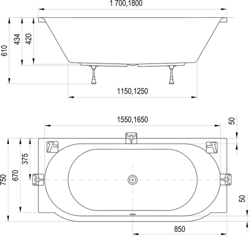 Ravak ARC 170x75 cm egyenes kád, fehér CE41000000