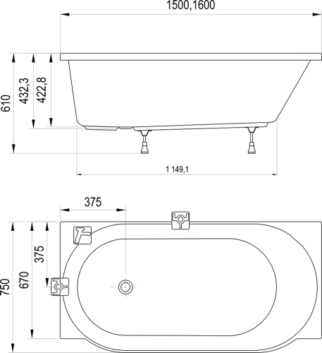 Ravak ARC 160x75 cm balos egyenes kád, fehér CE81000000