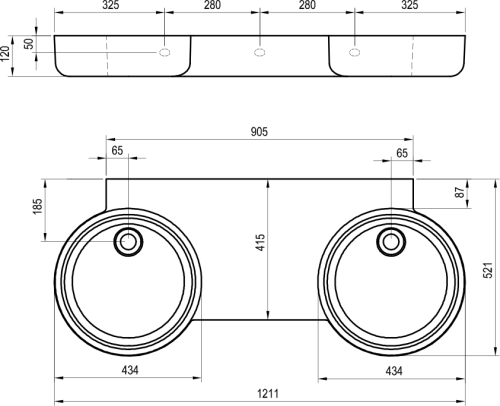 Ravak ARC 121x52 cm dupla mosdó csaplyuk nélkül, fehér XJX01312002