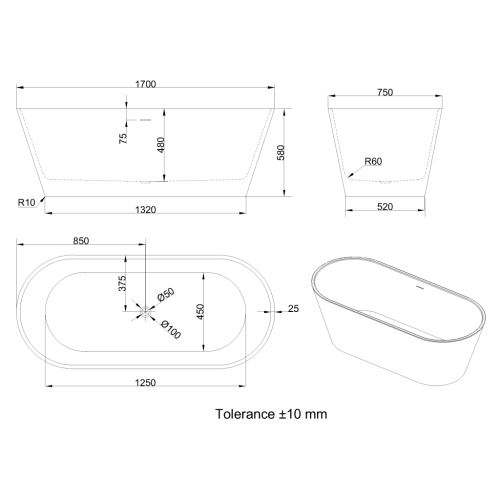 Invena LIMNOS 170x75 cm szabadon álló kád, fehér AN-00-120-M