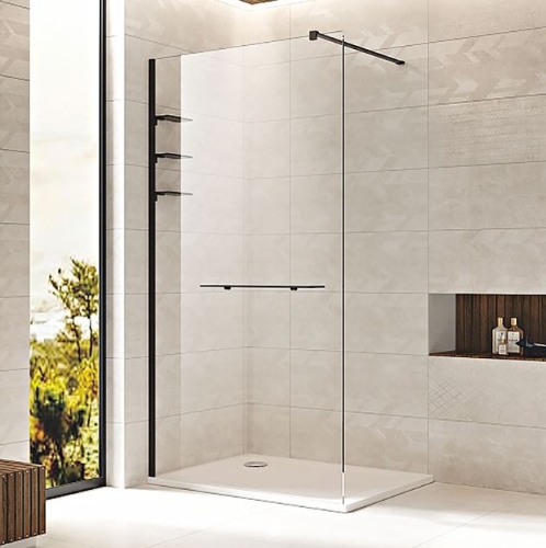 Wellis Rubik 120 cm Walk-in zuhanyfal beépítetett polcokkal és törölközőtartóval, matt fekete WC00560