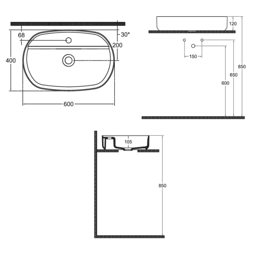 Sapho INFINITY SINTESI 60x40 cm pultra ültethető mosdó, strip fehér 10SI65060