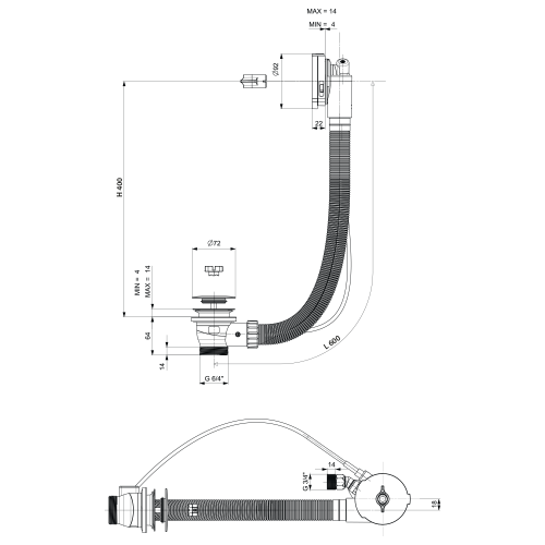 Sapho POLYSAN 60 cm bovdenes lefolyó kádtöltővel, arany 71851.90