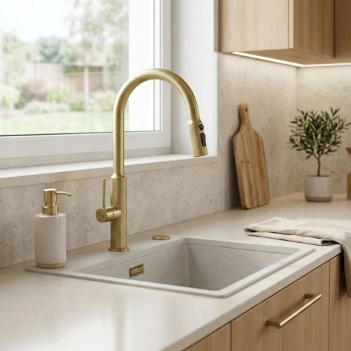 Rea Master Brush Gold kihúzható fejes mosogató csaptelep, szálcsiszolt arany REA-B7204