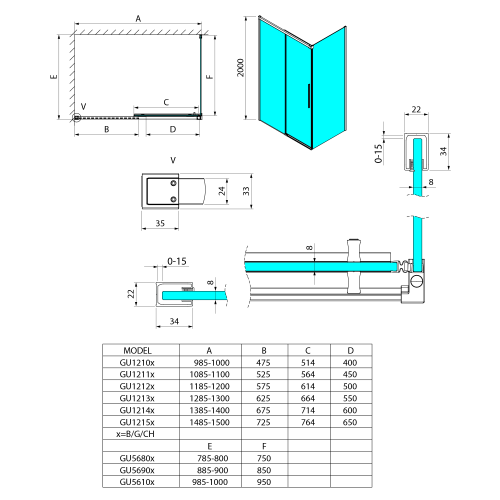Sapho GELCO LUXOR GOLD 150 cm zuhanyajtó transzparent üveggel, matt arany GU1215G