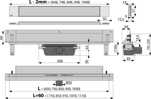 ALCA (Alcaplast) APZ5-TWIN SPA lefolyó rendszer a falba építéshez 75 cm, burkolható fedlappal APZ5-TWIN-750