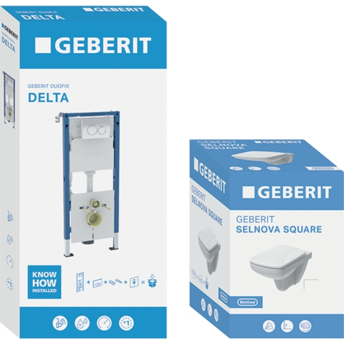 Geberit Duofix Delta 112 cm fali WC-szerelőelem készlet Selnova Square Rimfree fali WC szettel 118.402.21.3