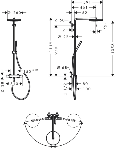 Hansgrohe Pulsify S Puro Showerpipe 260 1jet Ecostat Fine termosztátos zuhanyrendszer, szálcsiszolt fekete króm 24222340