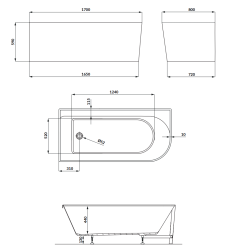 Cersanit CREA SLIM 170x80 cm balos falhoz tolható szabadon álló kád, fehér S931-041