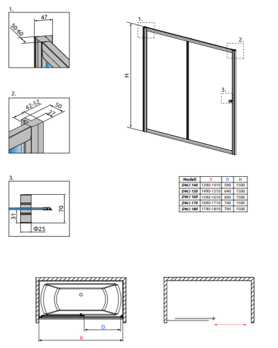 Radaway Vesta DWJ kádparaván két fal közé 170 cm, króm 209117-01-01