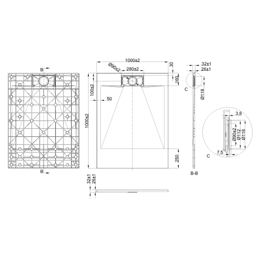 Invena Alvero zuhanytálca szifonnal 100x100 cm, matt fekete AK-7C-110-H