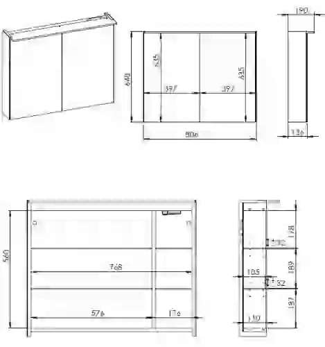 AREZZO design PREMIUM 2 ajtós tükrös szekrény 80x65 cm, Technobox, LED Lámpa AR-904664